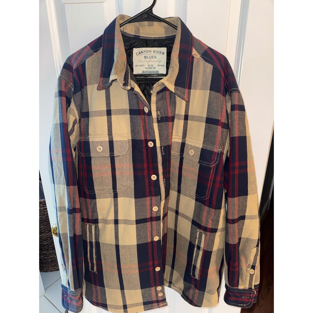 Canyon River Blues Mens XL Plaid Quilted Lined Heavyweight Coat Navy Tan